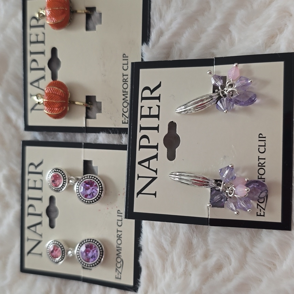 NAPIER BRAND WOMEN'S BEAUTIFUL FASHION JEWELRY CLIP-ON EARRINGS BUNDLE OF 3 PAIR